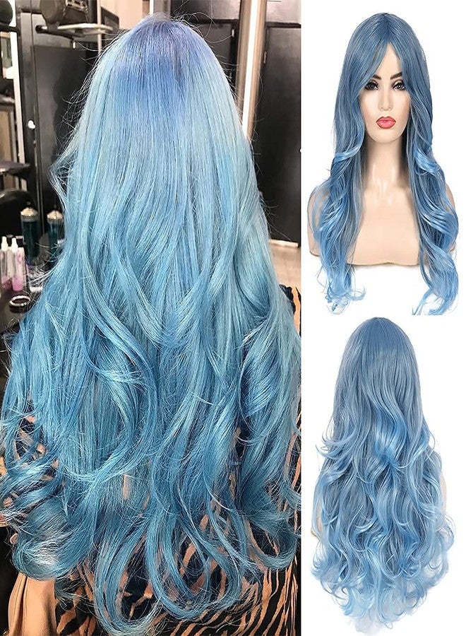 Beweig Blue Wig for Women Long Curly Wavy Pastel Blue Wig Side Part Synthetic Halloween Cosplay Wig with Wig Cap - Image 1